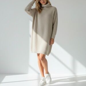 AERIE Alpaca Wool Blend Oversized Mock Turtleneck Sweater Dress Tan Beige S